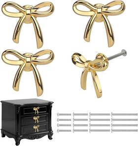 -us 313045336370 4 Set Gold Bow Dresser Knobs Cute Drawer Decor Zinc Alloy Brus