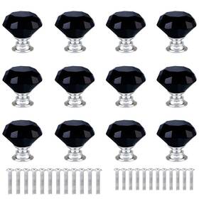 Anjuu 764938836383 12 Pcs 30mm Diamond Shape Crystal Glass Cabinet Knobs With Screws Drawer Black