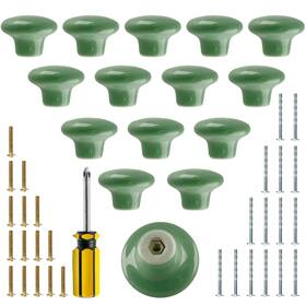 20221107007 Bivethoi 15 Pcs Round Ceramic Knobs Green Mushroom Shape Drawer Button Cupboard