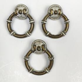 Ch2133 Canada Lot Of 3 Brass Ring Pulls Faux Bamboo Handle Henry Link Style Regency 3/4 Inch Cc