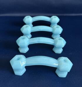 Eclectic Cabinet Knobs & Decor 744904799775 Set Of 4 Hexagonal Peacock Blue Depression Glass Drawer Pulls 3 Inch Bridge Handles