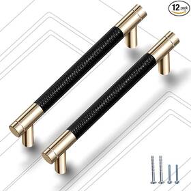 Gouharda 638457850192 12 Pack 3.75 Inch Cabinet Pulls Knurled Aluminum Handles Gold And Black Finish