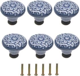 M Mimhooy 705354015419 6 Pcs Ceramic Blue Drawer Knobs Vintage Flower Cabinet Furniture Pull Hand