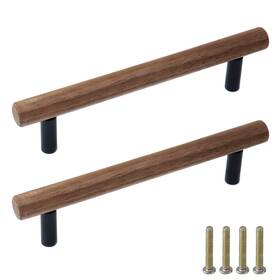 Amt04093555 My Mironey 2pcs Wooden Drawer Pulls With Metal Base Walnut Cabinet Handles Black W