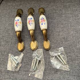 National 781266100399 3 Vintage Brass Porcelain Ceramic Drawer Cabinet Door Pull Handle
