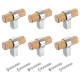 Uxcell 656417736447 6pcs T Bar Wooden Drawer Pulls Single Hole Handle With Screw Beech Wood/silver