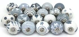 Wott 605113175845 10 Knobs Grey And White Hand Painted Ceramic Cabinet Drawer Pulls