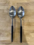 Set Of 2 Vtg Danish Modern Soup Spoons Stainless Faux Wood Handle Cosmos Japan. Fixed Price $12.00.