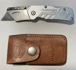 Husky Folding Utility Knife Stainless Steel Metal Handle Silver Leather Sheath. Fixed Price $7.56.