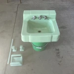 Vintage 20X17 Mid Century Jadeite Green Cast Iron Enameled Bath Sink Set. Fixed Price $399.95.
