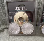 First Watch 1143 Clear Glass Door Knob Set Polished Brass Finish With Hardware. Fixed Price $30.00.