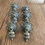 Set Of 6 Antique Brass William & Mary Drop Pendant Drawer Pulls, Patina, Ornate. Fixed Price $119.00.