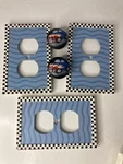 Lot OF3 Plug Covers Blue Checkered Border Kid Room / 2 Dresser Knobs. Fixed Price $9.00.