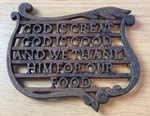 Vintage Wilton Trivet Dark Cast Iron God Is Great Thank Him Food Kitchen Prayer. Fixed Price $12.99.