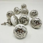 Set Of 9 White Ceramic Drawer Knobs Silver Floral Ornate Cabinet Pulls. Fixed Price $29.99.