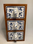 Vintage Lillian Vernon Oak Wood & Blue White Ceramic 3 Drawer Chest 12 In.. Fixed Price $120.00.