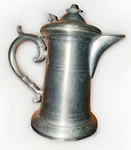 Antique Pewter Syrup Pitcher W/ Hinged Lid, Queen Anne Handle, Thumb Knob Lift. Fixed Price $85.00.