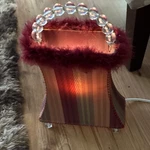 Eclectic Multicolor Table Lamp, Striped Fabric Shade, Glass Handle, Decorative. Fixed Price $18.75.