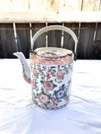 Vtg. Antique Handpainted Floral Asian Teapot White Wicker Handle Gold Trim Excel. Fixed Price $20.00.