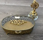 Vtg Ultra Gold Maston Ormolu Filigree Oval Casket Jewelry Box & Perfume Bottle. Fixed Price $110.00.