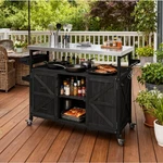 Black Wood Outdoor Bar Cart With Storage Cabinet And Locking Wheels, Kit. Fixed Price $333.55.
