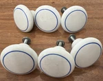 6 White W/blue Stripe Round Ceramic Porcelain Cabinet Drawer Knob Vtg Crackled. Fixed Price $26.00.