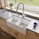 White Smooth Apron 33" X 18" Double Bowl Fireclay Farm Sink. Fixed Price $556.66.