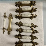 Set 8 Vintage Kbc Keeler Brass Cream Porcelain Cabinet Drawer Handle Pulls. Fixed Price $65.00.