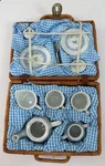 Vintage Children's Porcelain Delton Tea Set For 2 Wicker Basket Rose Motif. Fixed Price $25.00.