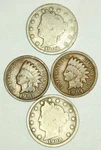 (2) Indian Head Penny Coins, Liberty V Nickel - 4 Lot. Fixed Price $8.90.
