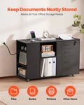 3 Drawer Wooden File Cabinet, Mobile Filing With Power Strip, Black. Fixed Price $139.26.
