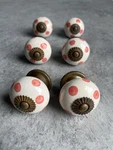 Set Of 6 Anthropologie Ceramic Knobs - White With Coral Pink Polka Dots Brass. Fixed Price $34.97.