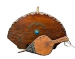 Antique Wooden Coal Box Scuttle Liner, Brass Design + Turquoise Knob Blower. Fixed Price $210.00.
