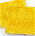 Vintage Bath Towel Set 2 Mid Century Scroll Retro Yellow Gold Cotton Fringe. Fixed Price $20.00.