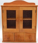 Vtg Wood (2) Door Chicken Wire CABINET/3 Drawer Hanging 17"H Farmhouse Cupboard. Fixed Price $95.00.