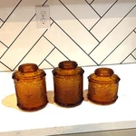 Vintage 70S Tiara Indiana Glass Sandwich Amber Jar With Lid X3 Bohemian Eclectic. Fixed Price $125.00.