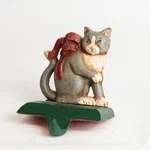 Vtg Midwest Cast Iron Stocking Holder Grey Cat With Red Ribbon Bow. Fixed Price $35.75.