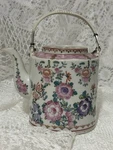 Vtg. Antique Handpainted Floral Asian Teapot White Wicker Handle Gold Trim Excel. Fixed Price $16.00.
