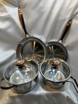 Wolfgang Puck 6 Pc Stainless Cookware Set Copper Handles, Knobs Glass Lids. Fixed Price $119.69.