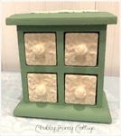 Shabby Romantic Cottage Core Green Cabinet With Ceramic Drawers. Fixed Price $40.00.