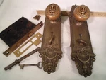 Antique Cast Brass Door Knob Set Reading Plates Lock Thumb Turn And Key #900. Fixed Price $480.00.