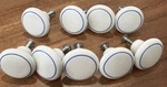 Set Of 9 White W/ Blue Stripe Round Ceramic Porcelain Cabinet Drawer Knob Pulls. Fixed Price $36.00.