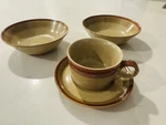 Mikasa Potters Art P953 Country Charm Stoneware Cup & Saucer W/ 2 Bowls Vtg 70S. Fixed Price $16.99.